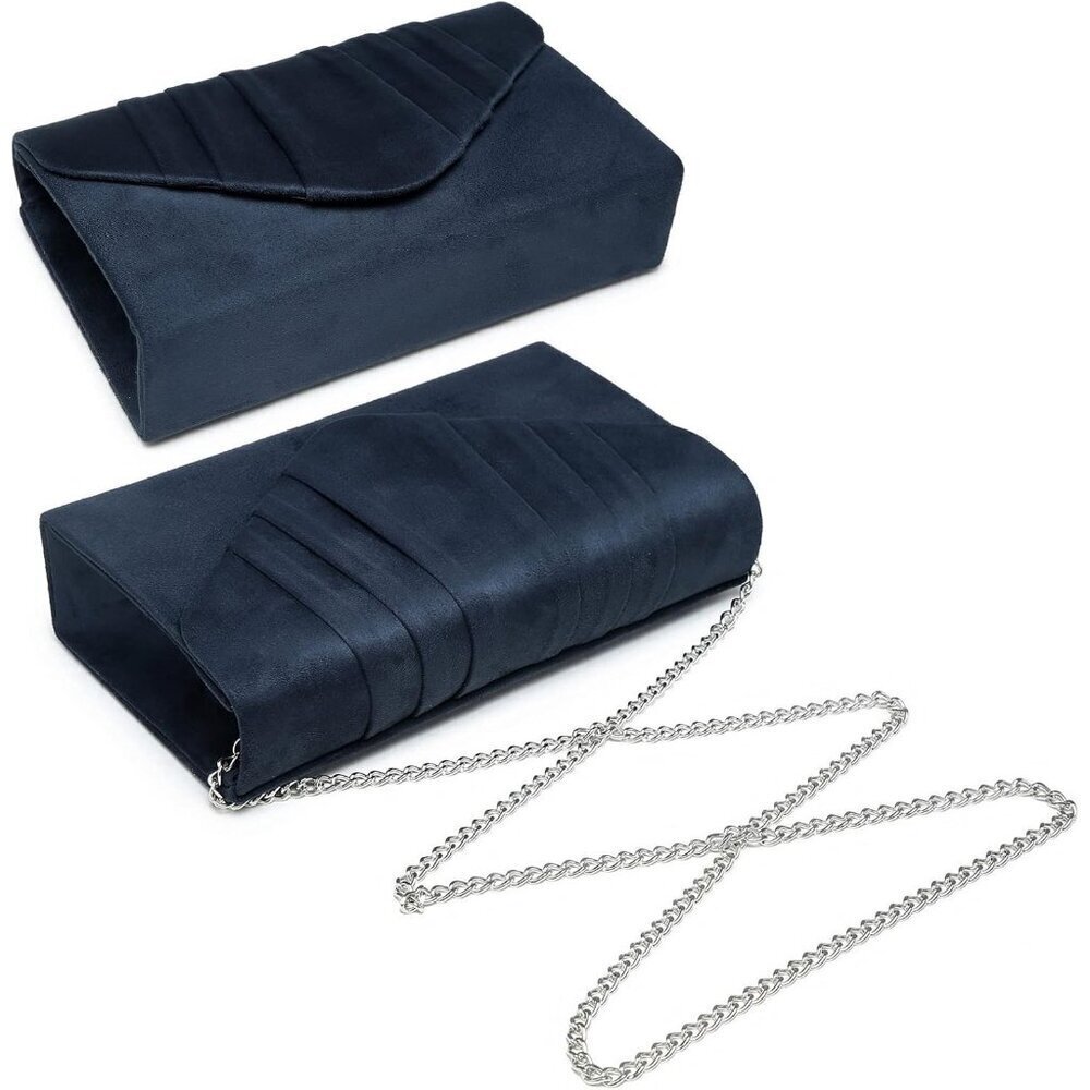 Women's 1-Velvet Navy Evening Pleated Envelope Clutch Bag for Wedding Party - Picture 3 of 5